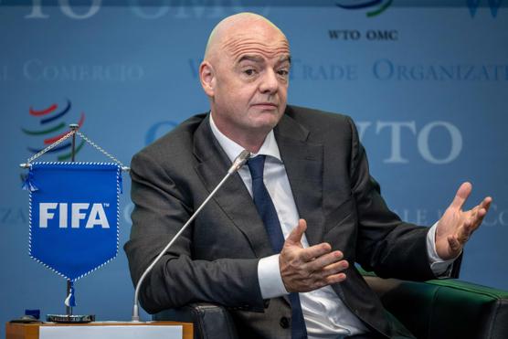 El presidente de la FIFA, Gianni Infantino, durante un debate sobre el fútbol como herramienta para el comercio y el desarrollo en la sede de la OMC en Ginebra el 1 de mayo de 2023.