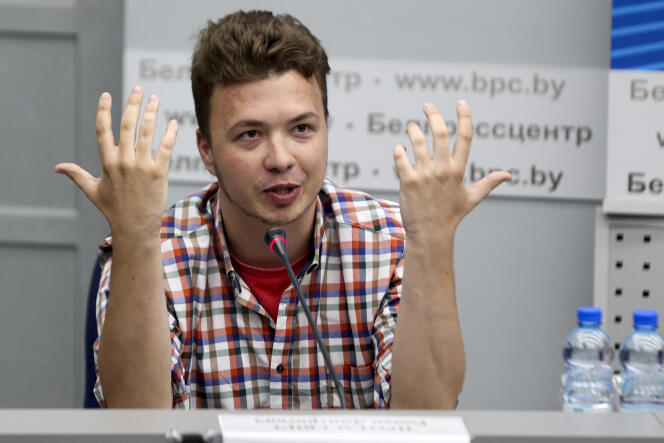 Belarusian dissident journalist Raman Pratasevich gestures while speaking at a news conference at the National Press Center of Ministry of Foreign Affairs in Minsk, Belarus, Monday, June 14, 2021. 