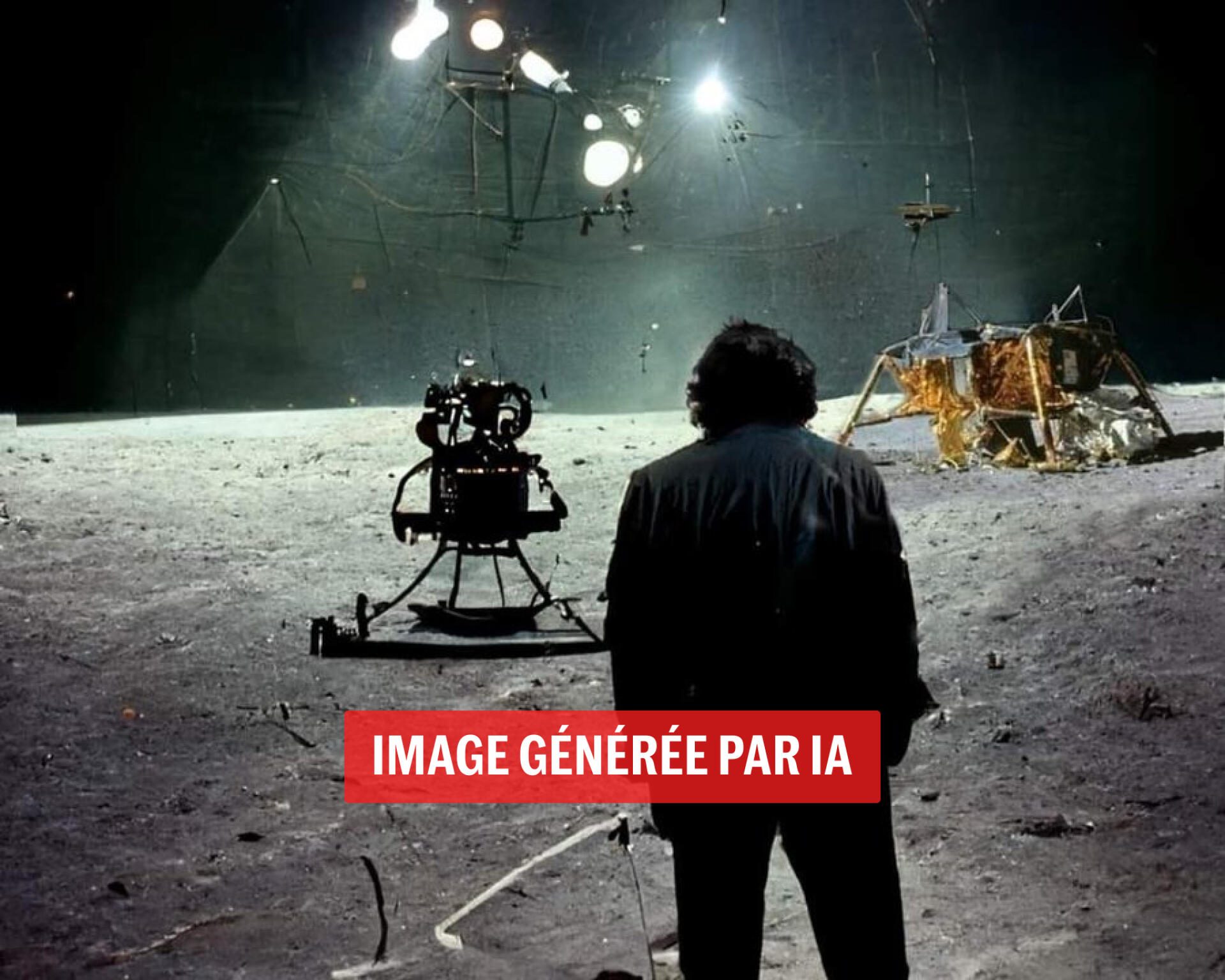 Cette « photo » de Stanley Kubrick tournant l’alunissage de la fusée de la mission Apollo 11 a été prise au premier degré par les tenants d’une supercherie de la NASA. Elle est pourtant entièrement factice. 
