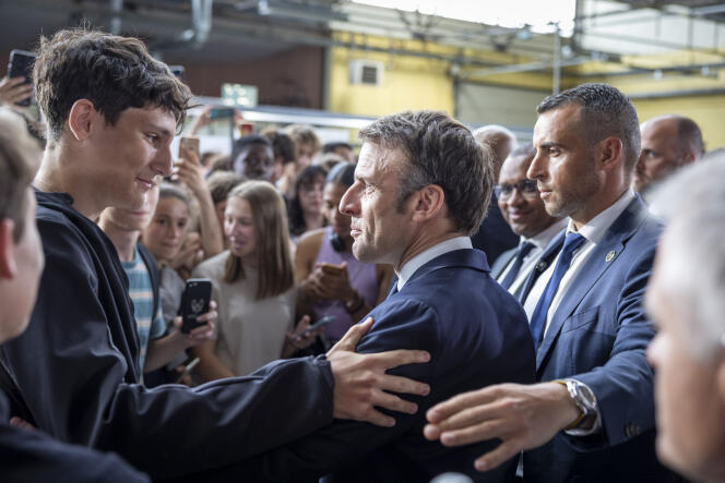 Emmanuel Macron meets with students from the Bernard-Palissy vocational school in Saintes, Charente-Maritime, on May 4, 2023.