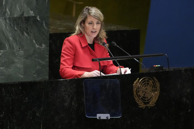 La ministre canadienne des affaires étrangères Mélanie Joly, aux Nations unies, à New York, le 22 février 2023.