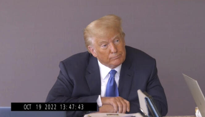A screenshot of a video taken on Oct. 19, 2022, of Donald Trump's deposition was shown to jurors at his civil trial in New York on May 4, 2023.