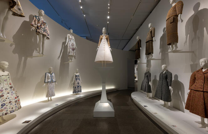 Chanel and Fendi silhouettes designed by Karl Lagerfeld, presented in the exhibition 'Karl Lagerfeld: A Line of Beauty' at the Met, New York.
