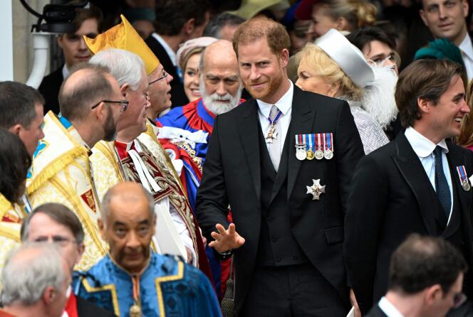 Le prince Harry, duc de Sussex, assiste au couronnement du roi Charles III et de la reine consort Camilla, à l’abbaye de Westminster, à Londres, le 6 mai 2023. Harry a été relégué au troisième rang et privé de tout rôle officiel, conséquence de son départ en Californie en 2020, suivi de violentes critiques contre le palais.