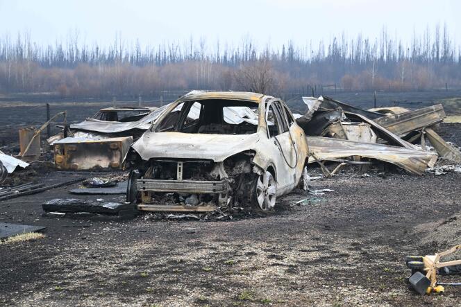 2023 年 5 月 8 日、アルバータ州 (カナダ) のドレイトン バレーにある火事で放棄された私有地。  