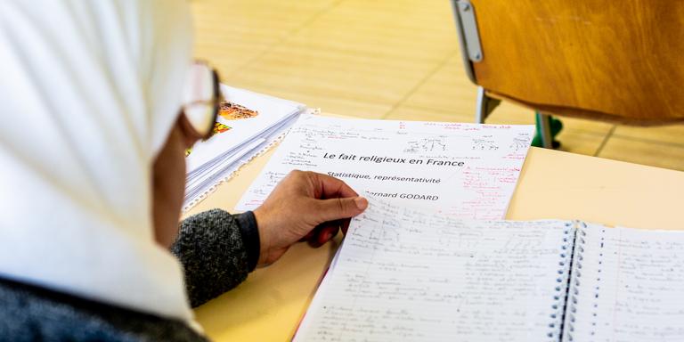 CLAIRE JACHYMIAK/HANS LUCAS FOR LE MONDE France, March 14, 2023 in Chateau-Chinon (Nievre). IESH, Institut europeen des sciences humaines, offers courses in Muslim theology to train imams. Dia Eddin Meddjeri gives a history lesson. Photography by Claire Jachymiak / Hans Lucas.