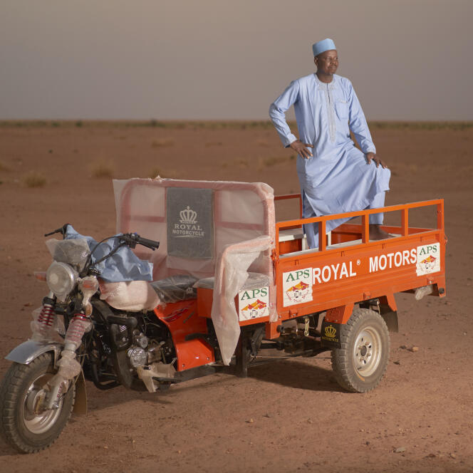 Azizou Chehou on the new tricycle purchased to rescue migrants with the NGO Alarm Phone Sahara (APS), in Agadez (Niger), on April 26, 2023.