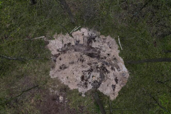 Una vista aérea del sitio donde se descubrieron los restos de un objeto militar en un bosque cerca de la ciudad de Bydgoszcz, Polonia, el 27 de abril de 2023.