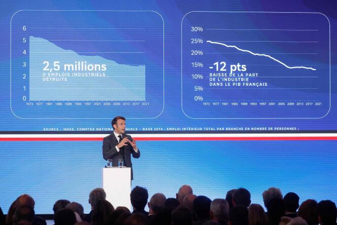  Emmanuel Macron présente sa stratégie pour accélérer la réindustrialisation de la France, le 11 mai 2023 à l’Elysée.