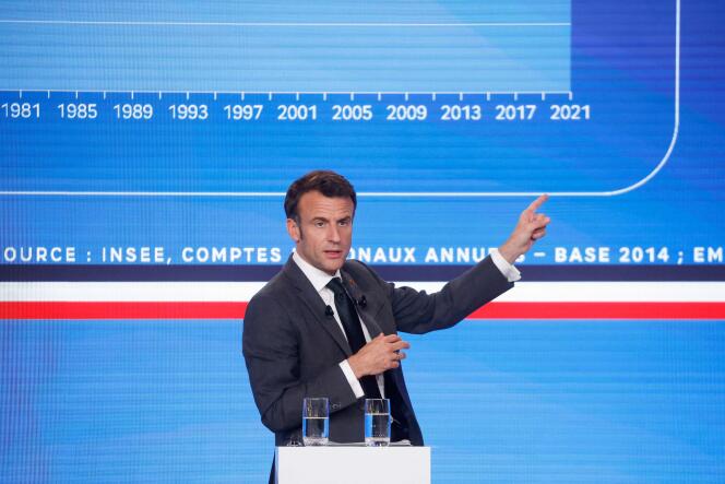 Emmanuel Macron lors de la présentation du plan « Accélérer notre réindustrialisation », à Paris, le 11 mai 2023.