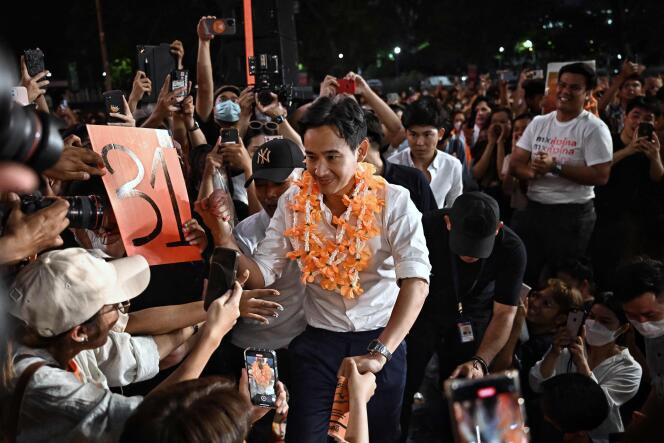 Leader of the Move Forward Party Pita Limjaroenrat arrives at a rally in Bangkok on April 22, 2023.