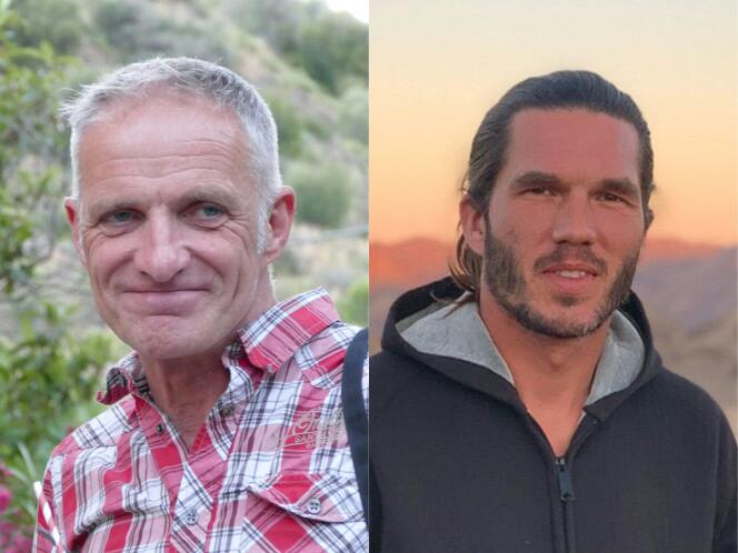 This combination of pictures shows French-Irish citizen Bernard Phelan and French citizen Benjamin Briere who were both released from jail in Iran on May 12, 2023.