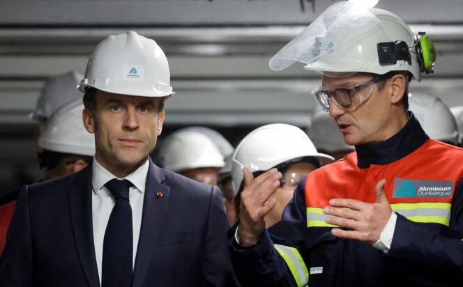 Emmanuel Macron visits the Aluminum Dunkerque factory, in Dunkirk, the city chosen by the Taiwanese company ProLogium to build a gigafactory of batteries, in the north of France, on May 12, 2023.