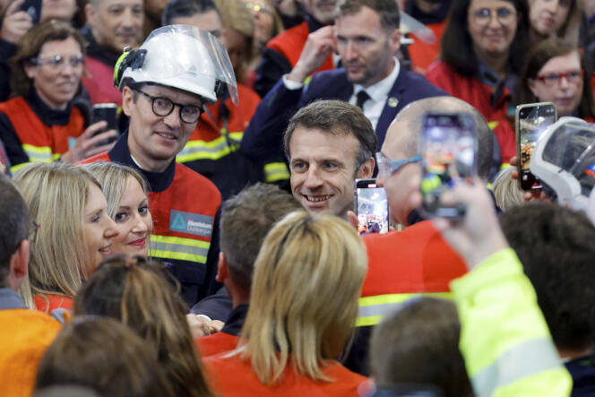 Emmanuel Macron during his visit to the Aluminum Dunkerque factory, in Loon-Plage (Nord), May 12, 2023. 