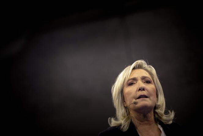 Marine le Pen, the president of the far-right Rassemblement National's parliamentary group, delivering a speech in Le Havre, France, on May 1, 2023.