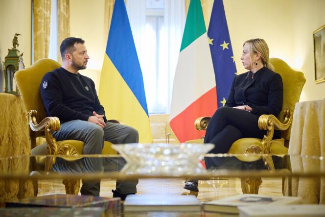 This handout picture taken and released by the Ukrainian Presidential Press Service on May 13, 2023, shows Italian Prime Minister Giorgia Meloni (right) meeting with Ukrainian President Volodymyr Zelensky at Palazzo Chigi in Rome.