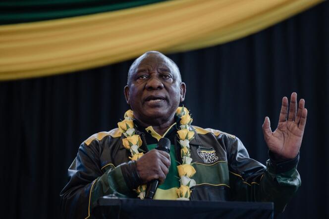 South African President Cyril Ramaphosa addresses new members of the African National Congress (ANC) at the Nelson Mandela Community Youth Centre in Chatsworth township, on May 14, 2023. 