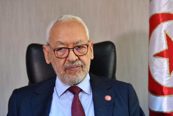 In this file photo taken on March 31, 2022 Parliament speaker Rached Ghannouchi, head of the Islamist-inspired Ennahdha party, looks on during an interview with AFP at his office in Tunis.