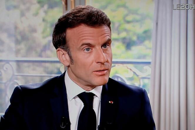 French President Emmanuel Macron during an interview on the evening news on TF1, May 15, 2023. 