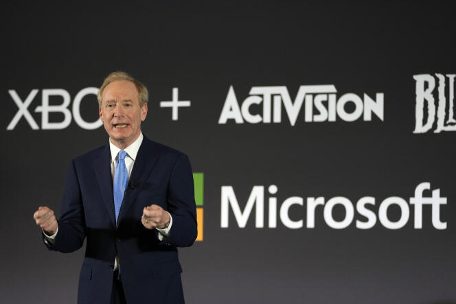 Microsoft Chairman Brad Smith during a press conference on his company's acquisition of Activision, in Brussels, February 21, 2023.