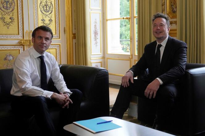 Elon Musk reçu par le président de la République, Emmanuel Macron, lundi 15 mai 2023, à l’Elysée, à Paris.