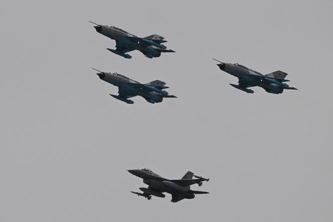 A Romanian Army F-16 trailing three MiG-21s, May 15, 2023 in Borcea, Romania.