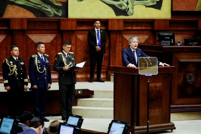 Ecuadorean President Guillermo Lasso testifies at the National Assembly, as part of the impeachment process against him for alleged corruption, in Quito, Ecuador May 16, 2023. 