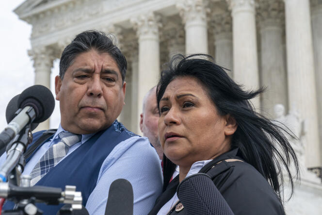 Beatriz Gonzalez, right, the mother of 23-year-old Nohemi Gonzalez, a student killed in the Paris terrorist attacks, and stepfather Jose Hernandez, speak outside the Supreme Court on February 21, 2023, in Washington, DC.