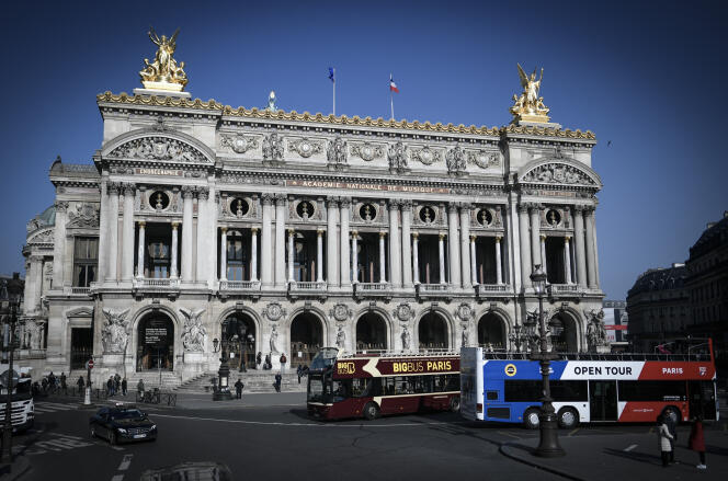 Tour buses in front of the Garnier Opera House in Paris on February 22, 2018.