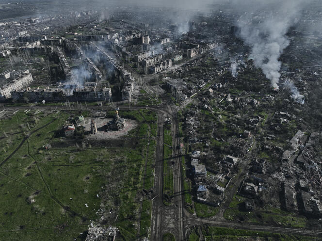 An aerial view of Bakhmut, Ukraine, dated Wednesday, April 26, 2023.