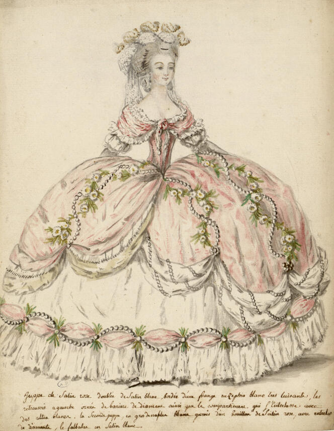 Figura de moda: Dama vestida de corte o nueva etiqueta, conjunto de dibujos de figuras de moda del siglo XVIII 1787, atribuido a Charles-Germain de Saint-Aubin.