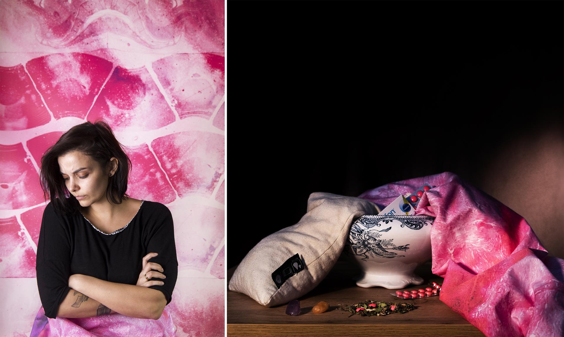 Tatiana, 30 ans, a connu ses premiers symptômes à 13 ans mais n’a été diagnostiquée qu’à 29 ans. Elle utilise bouillotte, Spasfon (un antispasmodique), pierre d’améthyste, pierre de citrine, infusions de thym et de verveine.