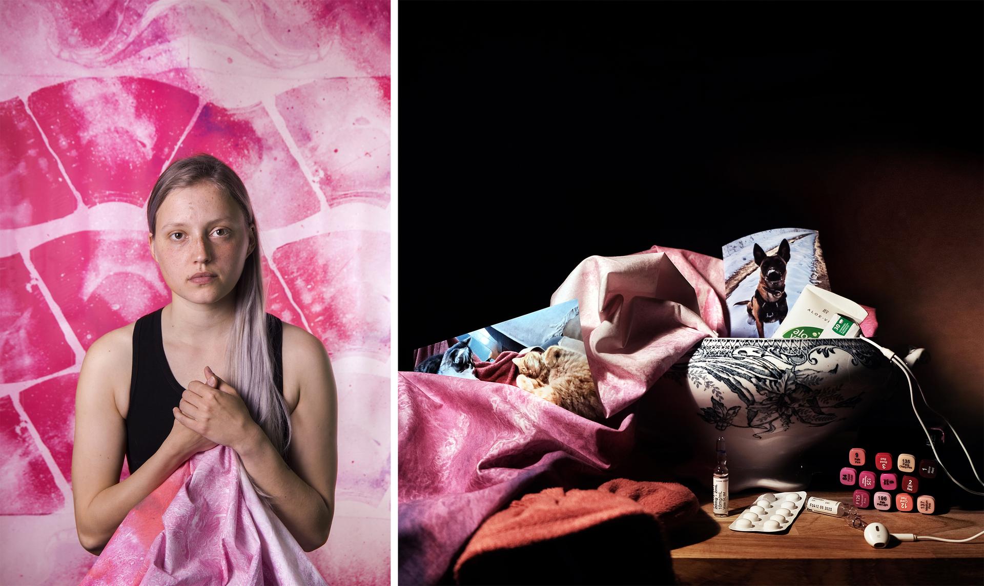 Pour leur série « Les Invisibles », Anaïs Morisset Desmond et Martin Straub ont rencontré des femmes atteintes d’endométriose. Chacune pose devant un fond réalisé à partir d’images médicales d’endomètre et présente, sous forme de nature morte, des éléments de son quotidien en rapport avec la maladie. Mélanie, 25 ans, a traversé sept années d’errance médicale avant son diagnostic. Côté réconfort, son chien, ses chats et sa bouillotte. Côté médicaments, Acupan et Tramadol, deux puissants antalgiques.