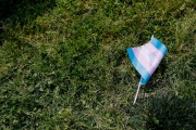 A transgender flag on the grass during the 