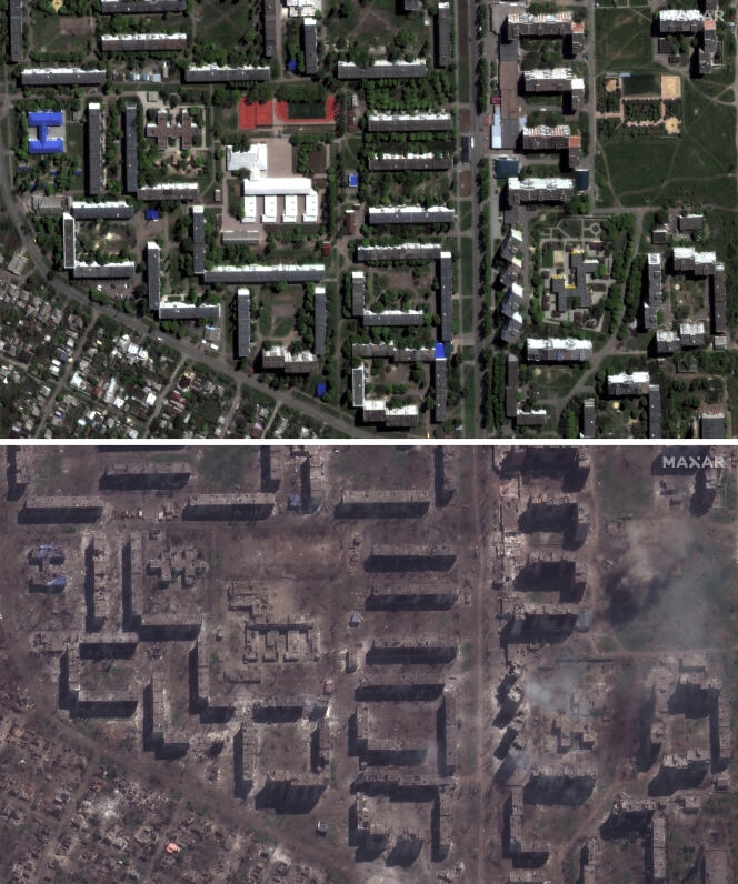 Cette image satellite montre un quartier de Bakhmout entièrement détruit le 15 mai 2023, et ce à quoi il ressemblait en mai 2022, un an auparavant. 