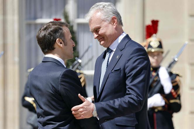 French President Emmanuel Macron greets his Lithuanian counterpart Gitana Nauseda at the Elysee Palace in Paris on May 24, 2023. 