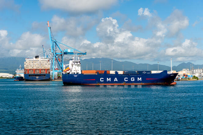 A CMA CGM container ship docks at the seaport of Pointe-à-Pitre, on the island of Guadeloupe, on May 25, 2023.
