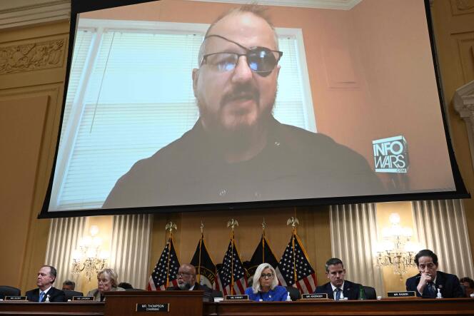 Stuart Rhodes (on screen), founder of Oath Keepers, speaks during a House Select Committee hearing investigating the January 6 attack on Capitol Hill in Washington on June 9, 2022.