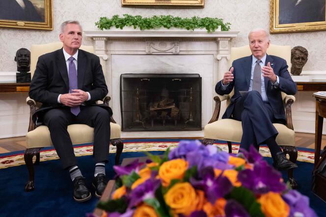 Speaker of the House Kevin McCarthy and Joe Biden at the White House in Washington on May 22, 2023.