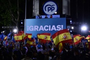 On May 28, 2023, supporters of the People’s Party gather outside the party headquarters in Madrid, Spain, to celebrate the election results.