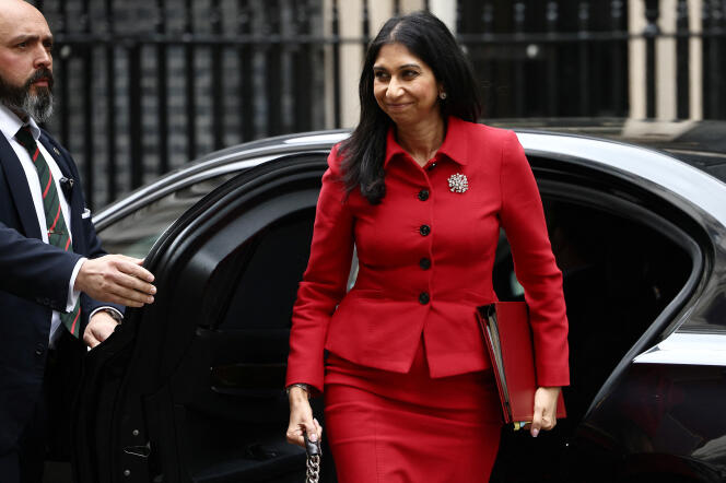 British Home Secretary Soella Braverman outside 10 Downing Street in London on May 22, 2023.