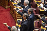 Kyriakos Mitsotakis (center) at the swearing-in ceremony at the Greek parliament in Athens on May 28, 2023.