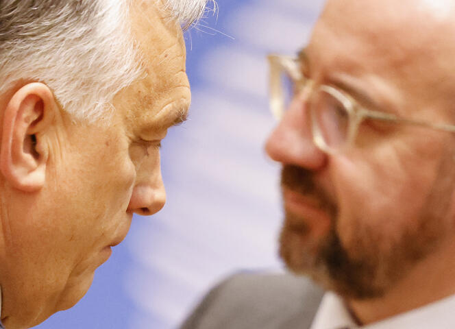 Hungarian Prime Minister Viktor Orban and European Council President Charles Michel at a European Union summit in Brussels on March 23, 2023.