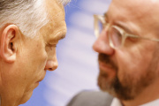 Hungary Prime Minister Viktor Orban and European Council President Charles Michel at a European Union summit in Brussels on March 23, 2023.