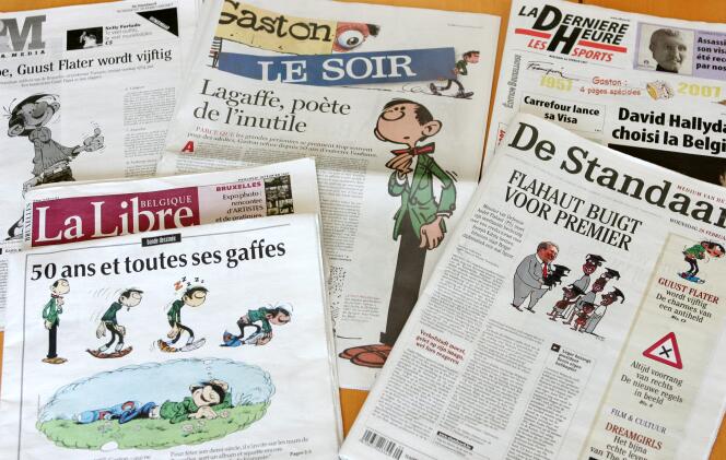 The front pages of Belgian newspapers celebrating the 50th birthday of Gaston Lagaffe, the character created in 1957 by Belgian cartoonist André Franquin, February 28, 2007.