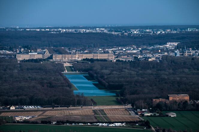 Aerial view of the Palace of Versailles, its gardens and the Grand Canal in Versailles (Ivelines), March 24, 2021.