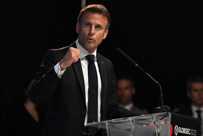 Emmanuel Macron at the Globecheck forum on May 31, 2023 in Bratislava, Slovakia.