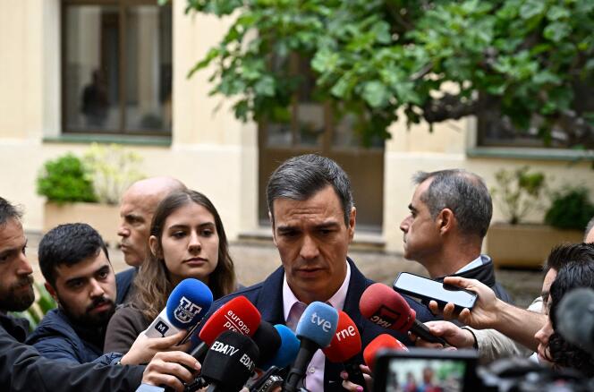 Spanish Prime Minister Pedro Sánchez, of the Socialist Party (PSOE), after casting his vote during local and regional elections in Madrid, May 28, 2023.