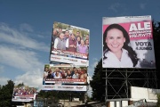 View of billboards of governor candidates Alejandra del Moral and Delfina Gomez in the municipality of Ocoyoacac, State of Mexico, on May 22, 2023.