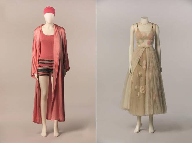 Left: costume after Coco Chanel for “Le Train bleu”.  Right: Costume by Maria Grazia Chiuri by Dior for the “Nuit blanche” ballet at the Rome Opera in 2019. Two pieces presented in the “Couturiers de la danse” exhibition in 2019 and 2020 at the National Center for Stage Costume .